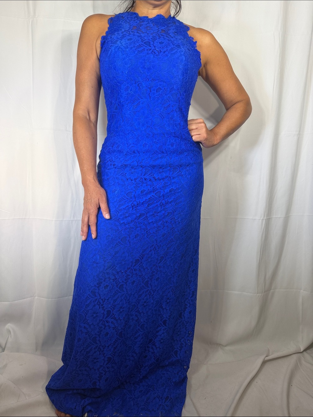 Colour Kenneth Winston Elegant Cobalt Lace Halter Maxi Dress